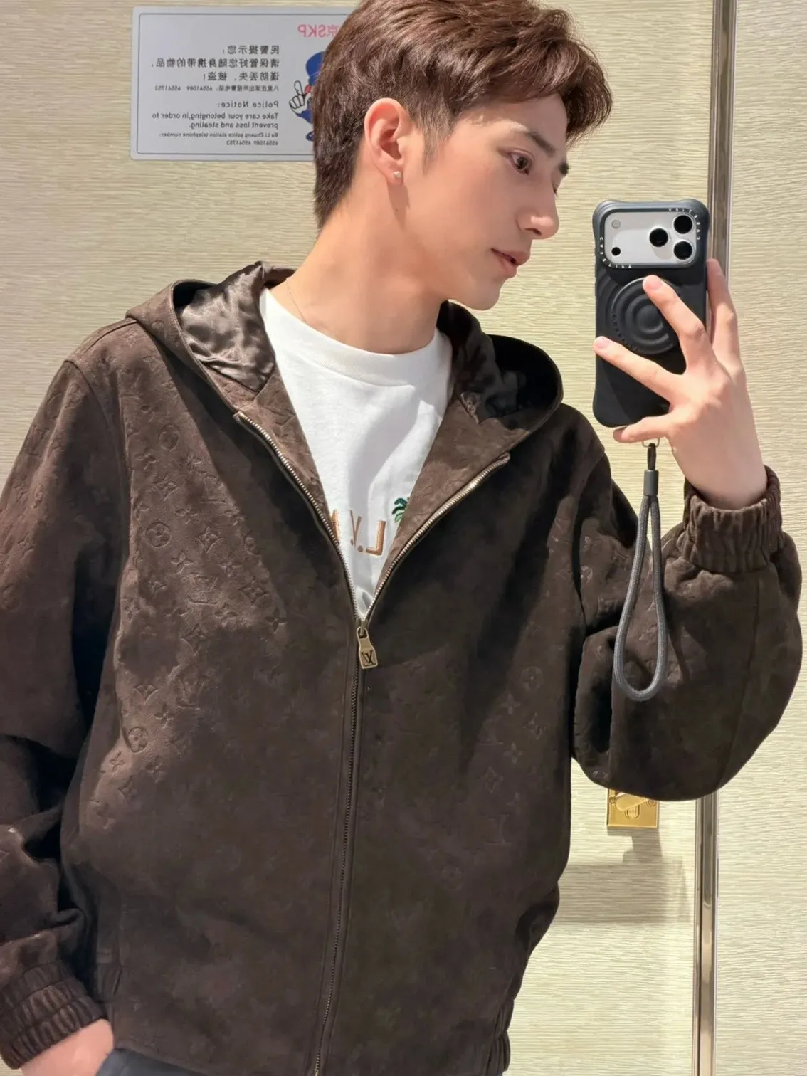 Louis Vuitton/embossed suede leather hooded jacket